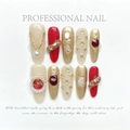 Baroque style press-on nails set with red and white pearls, crystals and gold accents - Extra Small (XS) / Long Oval Baroque Style (1123)