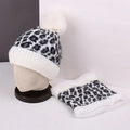 Winter set with gray leopard print knit hat, white pom-pom, and matching warm neck gaiter - Black White Grey Leopard Print Knit Hat and Scarf Set