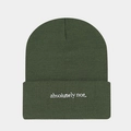 Detail of white 'absolutely not.' embroidery on olive green ribbed knit beanie hat - M(56-58cm) / Army Green