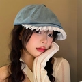 Detail of light blue denim beret featuring white lace trim and soft fabric texture - Light Blue Lace Trim