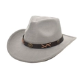 Grey wool western cowboy hat with brown leather band and bull metal buckle detail - Light Gray