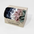 Set of 6 premium satin scrunchies in varied colors within an elegant gift box - 8-Piece Set Style 2 (Fresh Macaron Colors)
