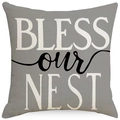 Grey linen blend pillow cover with Bless Our Nest print in white and black typography - 18x18 Inch / Bless Our Nest Grey (LYD396-2)