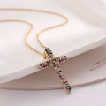 Golden cross necklace for women featuring vibrant multi-colored zircon gemstone inlay - Gold Classic Multi-color Zircon (0100L)