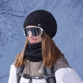 Winter thermal set including black cable knit hat, neck warmer, and white ski goggles - Black