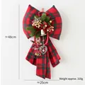 Large red and green plaid Christmas bow hanging ornament with pine needles and bells - Large Gingham Clown Bow D (25x48cm)