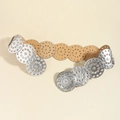 Bohemian style belt with silver metal discs and light brown leather round links - Antique Silver Silver
