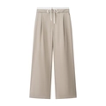 Women's high waist wide leg trousers in khaki with contrasting white drawstring and pleats - XS / Light Khaki