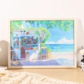 Seaside cafe scene puzzle in a light wood frame displayed on a cozy wooden table - 70.5x100.5cm Wall Mount / White