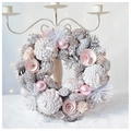 Detail of pink and silver Christmas wreath with pine cones and festive ornaments - Dreamy Pink Small