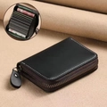 Black frosted leather card holder with contrast stitching and accordion slots - Black (18 Slots + 2 Coin Compartments)
