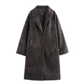 Women's French style dark leopard print wool blend long coat with classic lapel design - S / Leopard Print