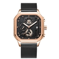 Men's waterproof watch with rose gold square case and black Milanese mesh strap - 628 Gold Case Black Dial Mesh Band (Functional Chronograph)