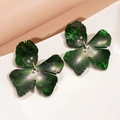 Close-up of green marble resin flower earrings with delicate rhinestone details - Silver Earring Post-Green