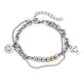 Layered titanium steel bracelet featuring smiley face charm and silver beaded chains - Layered Bead Chain with Smile Cross and Gold Bead