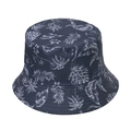 Close-up of tropical palm leaf print and reinforced stitching on a navy bucket hat - Dark Blue Grey Floral (2)