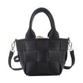 Black woven bucket bag with large leather weave texture and detachable shoulder strap - Black