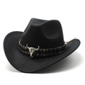 Klassieke zwarte wollen vilt cowboyhoed met etnische band en zilveren stierenschedel - Zwart