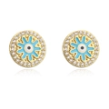 Orecchini a lobo geometrici placcati oro con smalto blu e zirconi Evil Eye - Orecchini a Bottone Malocchio Rotondi Cavi-Oro