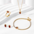 Gold crown jewelry set with red heart zircons including necklace, ring, and earrings - Gold Crown Red Zircon 4Pcs Set
