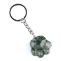 Green moss agate cat paw keychain with silver metal ring and chain on white background - India Agate