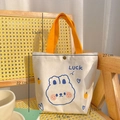 Mini canvas tote bag in off-white with orange handles and blue rabbit Luck print - Cute Rabbit Pattern (Small)