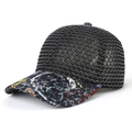 Damen Baseballkappe aus schwarzem Mesh mit silberner Wellenstickerei und buntem Schirm - Verstellbar / Schwarz