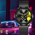 Men's car wheel watch with 3D black TE37 rim, yellow brake caliper and Milanese strap - T37 Black Mesh Strap Hub Yellow