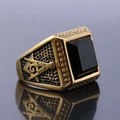 Retro stainless steel Freemason ring with black gemstone and G symbol in gold finish - US Size 8 / Gold