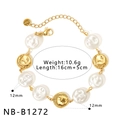 Bracciale da donna in acciaio inossidabile dorato con perle ovali e perle bianche - Stile Oro Perla (NB-B1272)