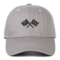 Close-up of racing flag embroidery on a grey cotton baseball cap with curved brim - Gray