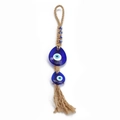 Ciondolo da parete malocchio in vetro blu con corda di canapa rustica e nappa - Sospensione Multi-perla Sfumata (BE254BU11)