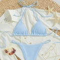 Light blue ribbed bikini set featuring a halter triangle top and tie-side bottoms - Sky Blue