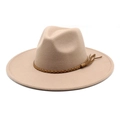 Detail view of beige wool fedora hat featuring a woven brown leather belt and tassel - M (56-58cm) / Khaki