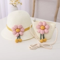 Detailed view of child sun straw hat and matching crossbody bag with pink floral accents - Kids Size (54cm) / Hat + Bag Set / Beige