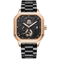 Men's square quartz watch with rose gold case, black dial, and black metal band - 6288 Gold Case Black Dial Black Band (Non-functional Sub-dials)