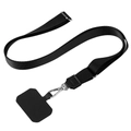 Close-up of adjustable black nylon phone lanyard with silver metal clip and connector tab - Black Flat Rope + Black Patch