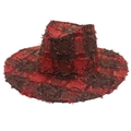 Distressed western cowboy hat with red plaid pattern and rustic cross-stitching detail - One Size / Wine Red (With Windproof Rope)