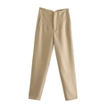 Women's high waist khaki cropped trousers with front pleats and side pockets - XS / Khaki