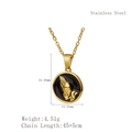 Golden praying hands pendant on stainless steel disc necklace with product dimensions - Black