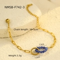 Detailed view of gold chain bracelet featuring interlocking blue stone rings and dimensions - Natural Stone Ring Bracelet (NMSB-F742-3) / Gold/Blue