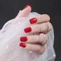 Glossy red short square press-on nails set with elegant silver rings on pearl mesh background - Shiny Bright Red (DFL-13)