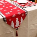 Camino de mesa navideño rojo y manteles individuales con copos de nieve y bordes de cuadros - Modelo B-Rojo Jacquard Merry Árbol de Navidad