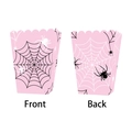 Pink spider web themed popcorn boxes for birthday parties with wavy top edges and front back view - Pink Spider Popcorn Boxes 6pcs