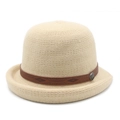 Detail of beige knitted cloche hat with a brown leather strap and decorative metal buckle - M (56-58cm) / Beige