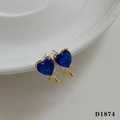 Blue heart zircon stud earrings with gold liquid metal detail in romantic style - Gold Earrings + Blue Zircon (D1874)