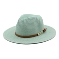 Detail of mint green straw fedora hat with brown leather band and gold buckle detail - M (56-58cm) / Mint Green