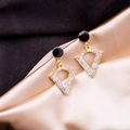 Elegant gold earrings with black round studs and white rhinestone V-shaped pendants - Black Gold Geometric Full Rhinestone Dangle
