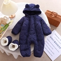 Dicker dunkelblauer gesteppter Baby-Kapuzenoverall mit Doppelreißverschluss und Babyschuhen - 66CM / Marineblau