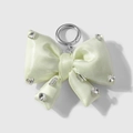 Light green satin bow keychain with shimmering rhinestones and a metal keyring - Pale Yellow Rhinestone Bow